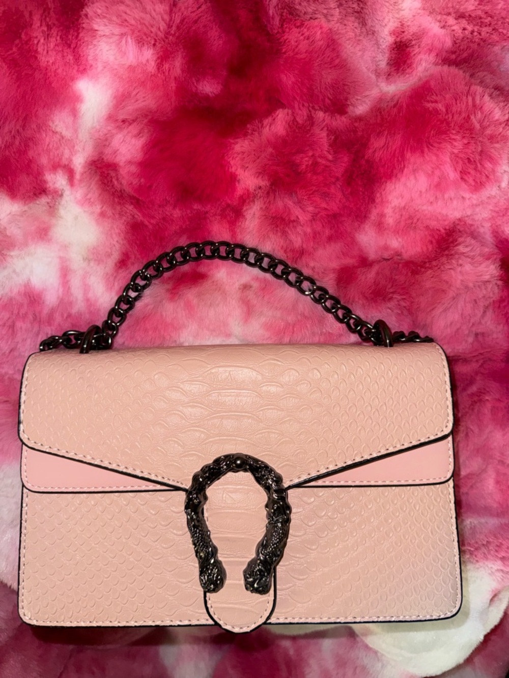 Pink Textured Top-Handle Shoulder Bag with Chain